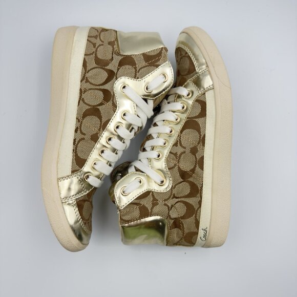 Coach Women's 8 Gold Signature C Logo Monogram High Top Canvas Sneakers - Picture 11 of 13